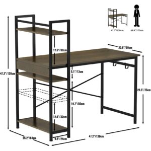 Engriy Computer Desk with 4 Tier Shelves for Home Office, 47" Writing Study Table with Bookshelf and 2 Hooks, Multipurpose Modern Wood Desk Workstation with Metal Frame for PC Laptop, Walnut Black