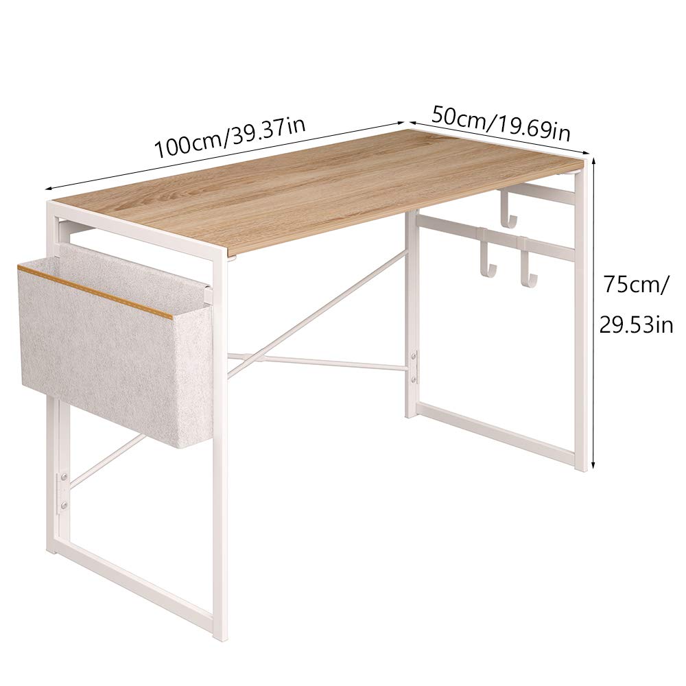 JSB Folding Computer Desk with Cloth Bag Hook, No-Assembly PC Desk Modern Small Work Table Laptop Writing Desk for Home Office (35.43” x 17.7” x 29.53”, White & Cloth Bag)