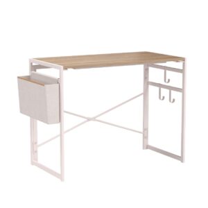 JSB Folding Computer Desk with Cloth Bag Hook, No-Assembly PC Desk Modern Small Work Table Laptop Writing Desk for Home Office (35.43” x 17.7” x 29.53”, White & Cloth Bag)