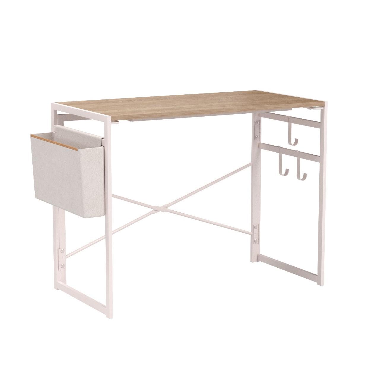 JSB Folding Computer Desk with Cloth Bag Hook, No-Assembly PC Desk Modern Small Work Table Laptop Writing Desk for Home Office (35.43” x 17.7” x 29.53”, White & Cloth Bag)