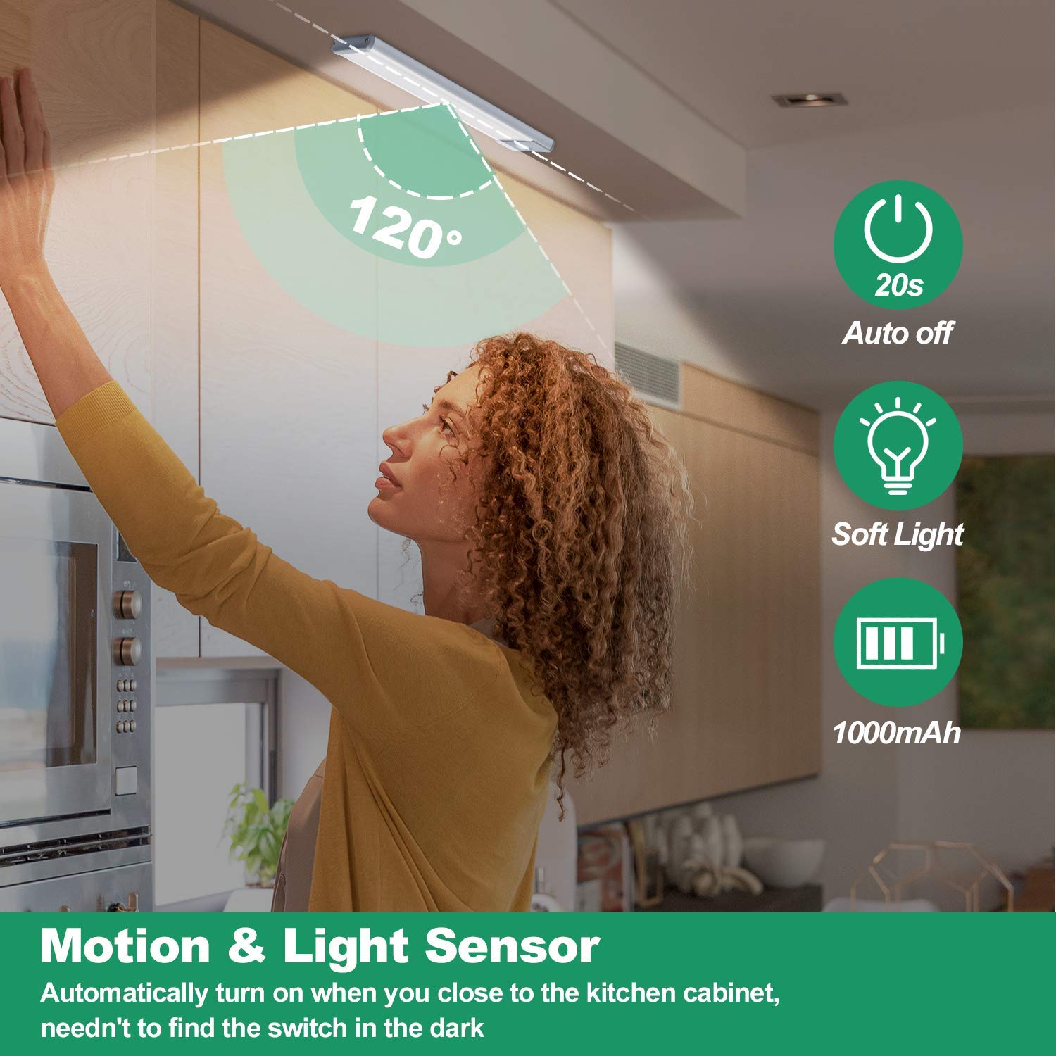 Motion Sensor Under Counter Lights 2 Pack Rechargeable, 30-LED Wireless Cabinet Lighting Magnetic Self-Adhesive, 180lm Ultra Thin Closet Light for Kitchen, Cupboard, Drawer, Stairs, Hallway, White