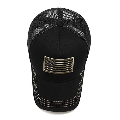Uphily Black US American Flag Trucker Cap - Mid Profile Curved Bill Patriotic Mesh Dad Hat for Men Women