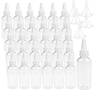 oopsu 30 pack plastic bottle pointed mouth top cap with 2 funnels for shampoo,lotions,liquid body soap,cream (2 oz)