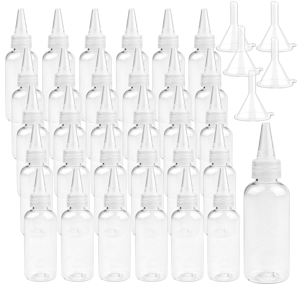 Oopsu 30 Pack Plastic Bottle Pointed Mouth Top Cap with 2 Funnels for Shampoo,Lotions,Liquid Body Soap,Cream (2 oz)