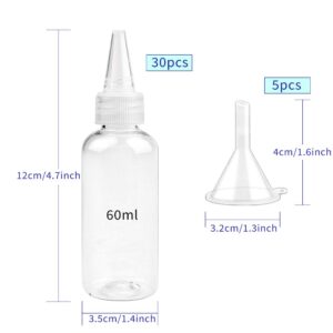 Oopsu 30 Pack Plastic Bottle Pointed Mouth Top Cap with 2 Funnels for Shampoo,Lotions,Liquid Body Soap,Cream (2 oz)