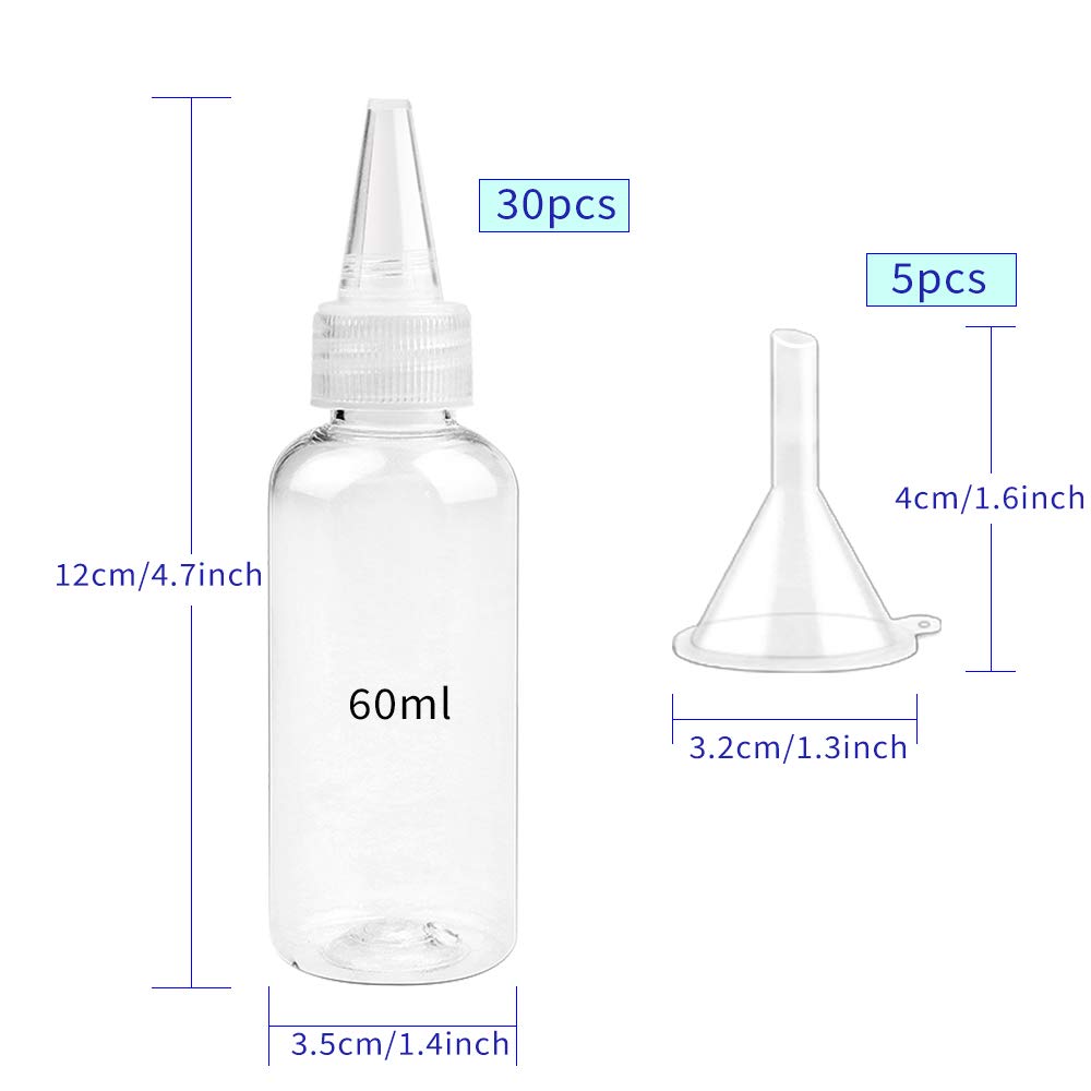 Oopsu 30 Pack Plastic Bottle Pointed Mouth Top Cap with 2 Funnels for Shampoo,Lotions,Liquid Body Soap,Cream (2 oz)