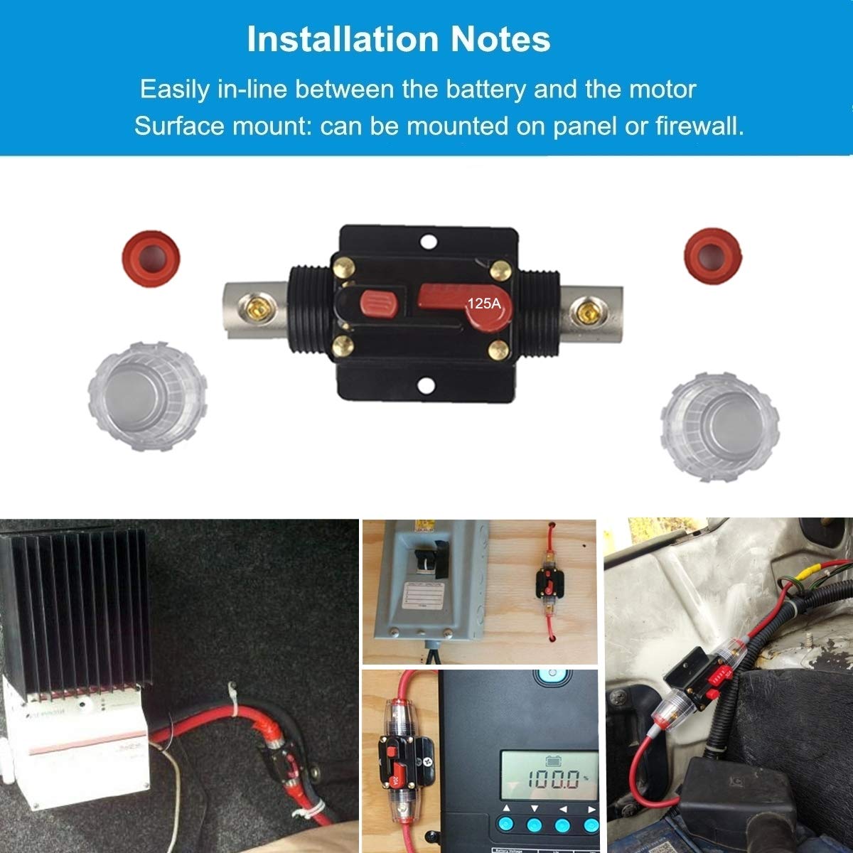 WOHHOM 30A 40A 50A 60A 80A 100A 125A 150A Audio Circuit Breaker Auto Car Stereo Inline Fuse Holders Inverter, Manual Reset 12V-24V DC for Automotive Marine Boat Audio System Protection (125A)