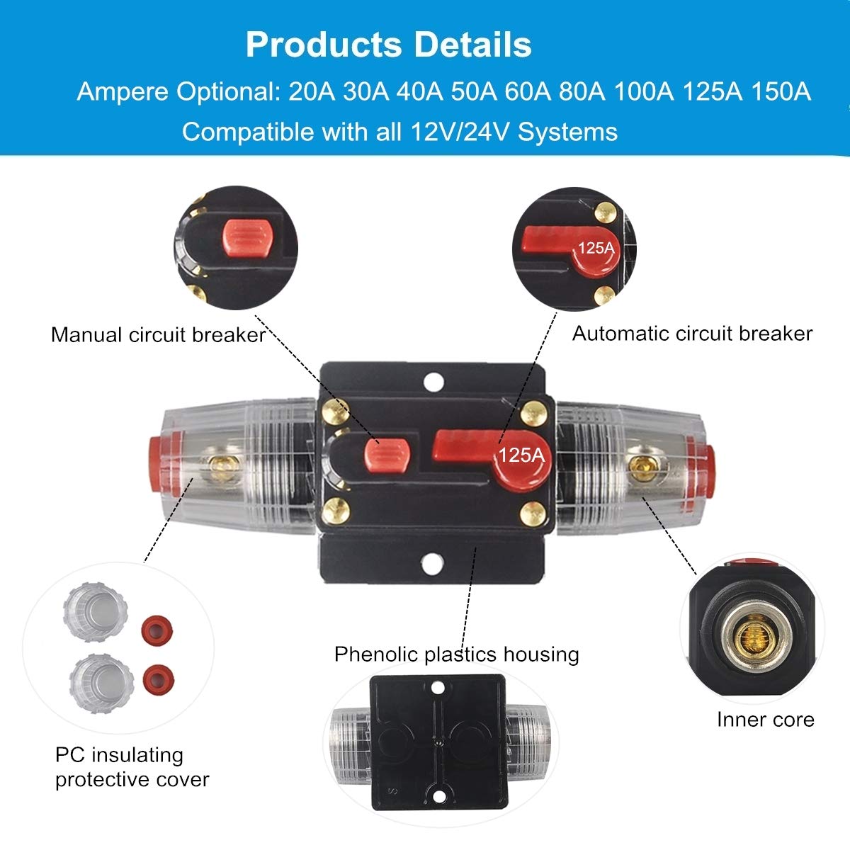 WOHHOM 30A 40A 50A 60A 80A 100A 125A 150A Audio Circuit Breaker Auto Car Stereo Inline Fuse Holders Inverter, Manual Reset 12V-24V DC for Automotive Marine Boat Audio System Protection (125A)