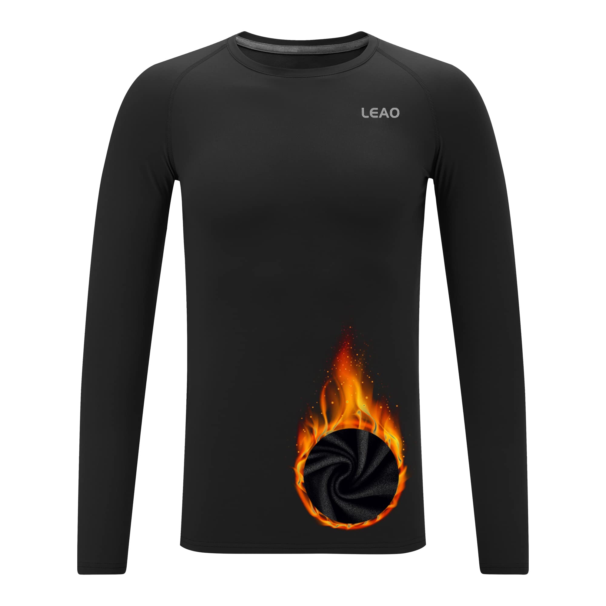 LEAO Youth Boys Compression Shirt Long Sleeve Fleece Quick Dry Sports Baselayer Soccer Baseball Basketball Undershirt Black S