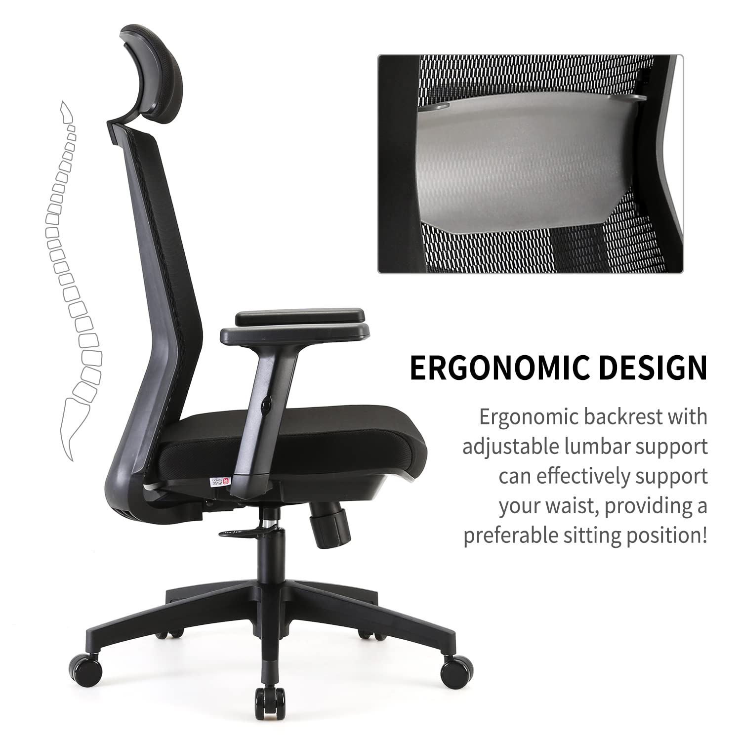 SIHOO Ergonomic Home Office Chair, Swivel Desk Chair with Adjustable Lumbar Support and Armrests, Breathable Mesh High Back Executive Chair (Black)