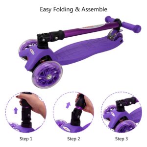 ChromeWheels Scooters for Kids, Deluxe Kick Scooter Foldable 4 Adjustable Height 132lbs Weight Limit 3 Wheel, Lean to Steer LED Light Up Wheels, Best Gifts for Girls Boys Age 3-12 Year Old, Purple