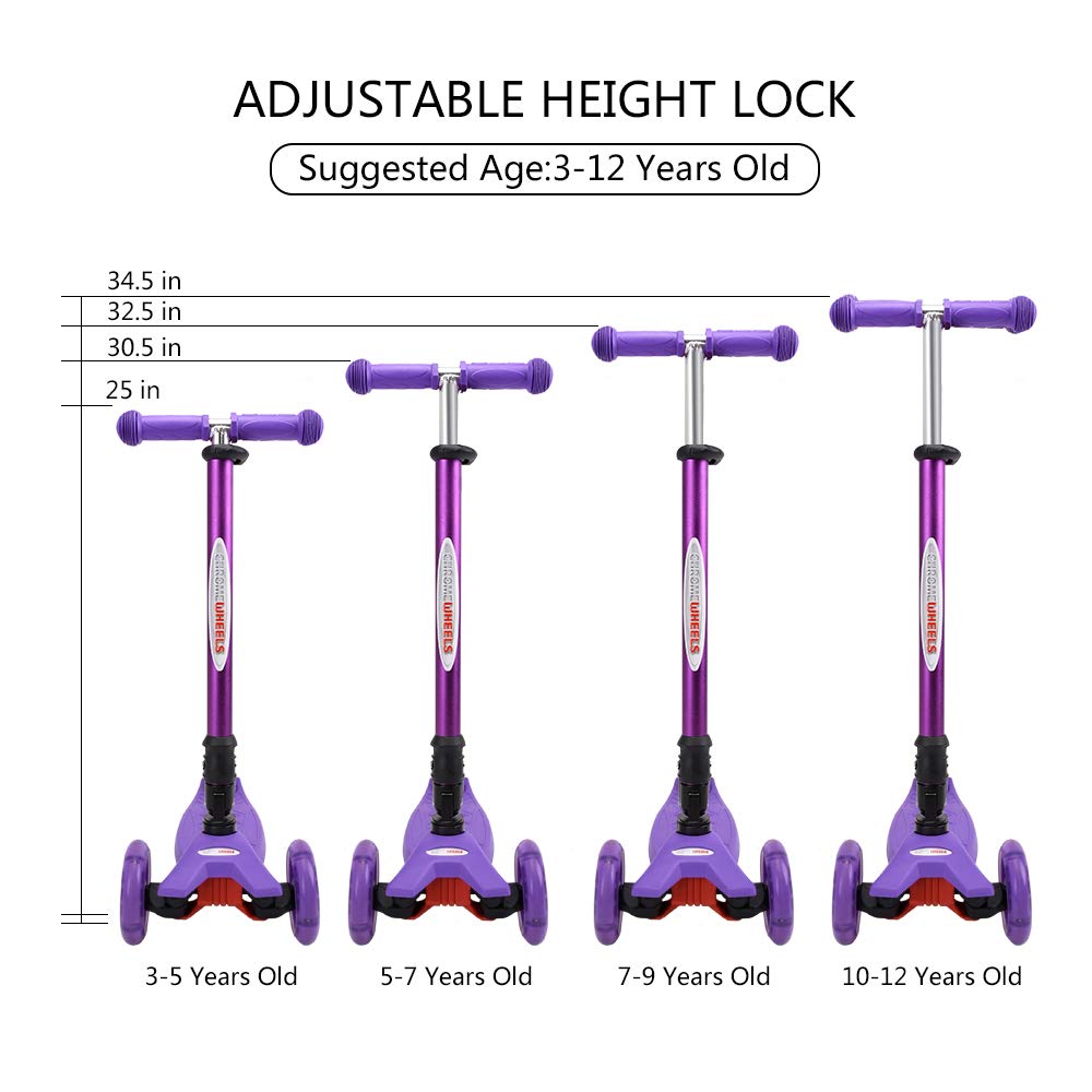 ChromeWheels Scooters for Kids, Deluxe Kick Scooter Foldable 4 Adjustable Height 132lbs Weight Limit 3 Wheel, Lean to Steer LED Light Up Wheels, Best Gifts for Girls Boys Age 3-12 Year Old, Purple