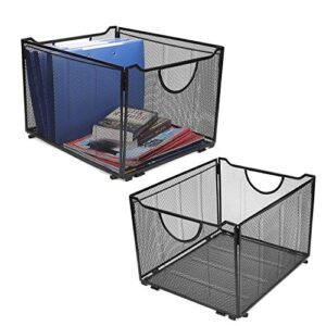flexzion file folder box (2 pack) metal mesh filling holder rack for hanging legal letter size folders, storage basket with handle, collapsible container bin, foldable crate for desktop home office