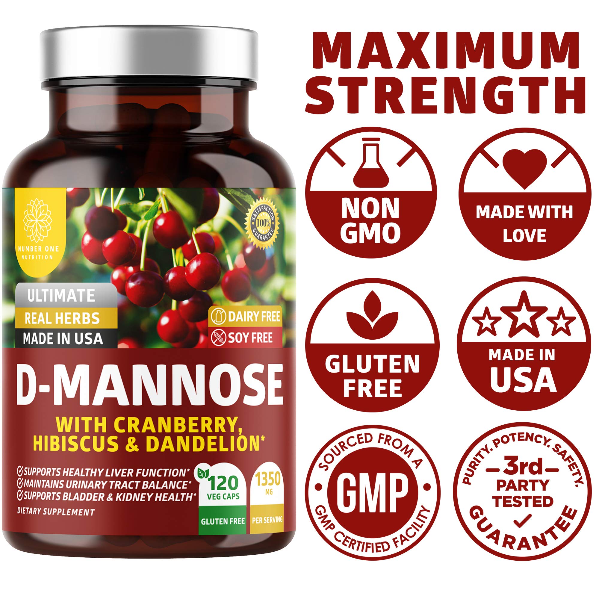 Number One Nutrition Premium D Mannose with Cranberry and Hibiscus [Max Strength, 1350mg] Naturally Supports Urinary Tract Health, Flush Impurities and Bladder Health, 120 Veg Caps