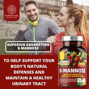 Number One Nutrition Premium D Mannose with Cranberry and Hibiscus [Max Strength, 1350mg] Naturally Supports Urinary Tract Health, Flush Impurities and Bladder Health, 120 Veg Caps