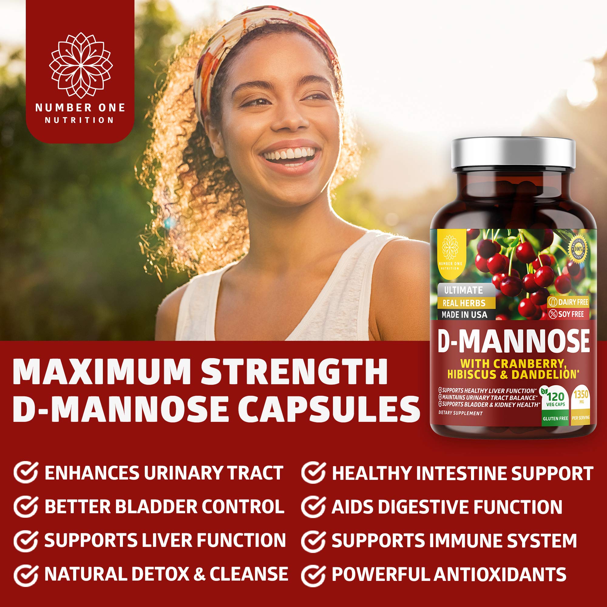 Number One Nutrition Premium D Mannose with Cranberry and Hibiscus [Max Strength, 1350mg] Naturally Supports Urinary Tract Health, Flush Impurities and Bladder Health, 120 Veg Caps