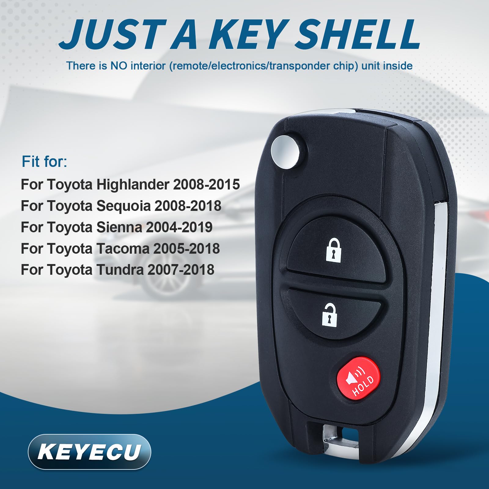 Keyecu Upgraded Flip Remote Car Key Shell Case for Toyota Sienna Highlander Tacoma GQ43VT20T,Just a Key Shell