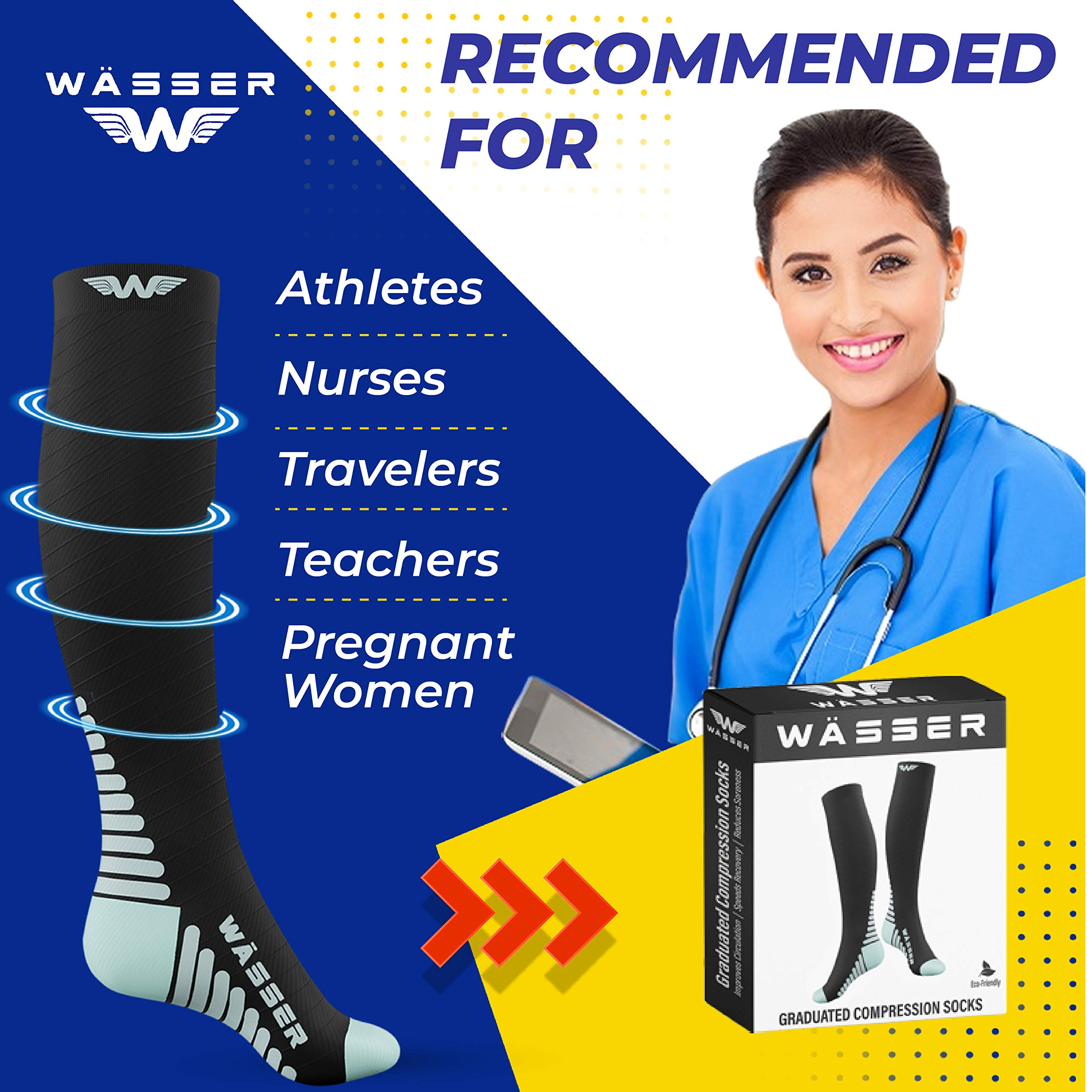Wasser Gear Compression Socks for Nurses Men & Women - Fitness Travel Pregnancy Circulation