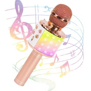 jmfinger karaoke microphone for kids and adults, wireless portable handheld bluetooth microphone with led lights - best gifts (rose gold)