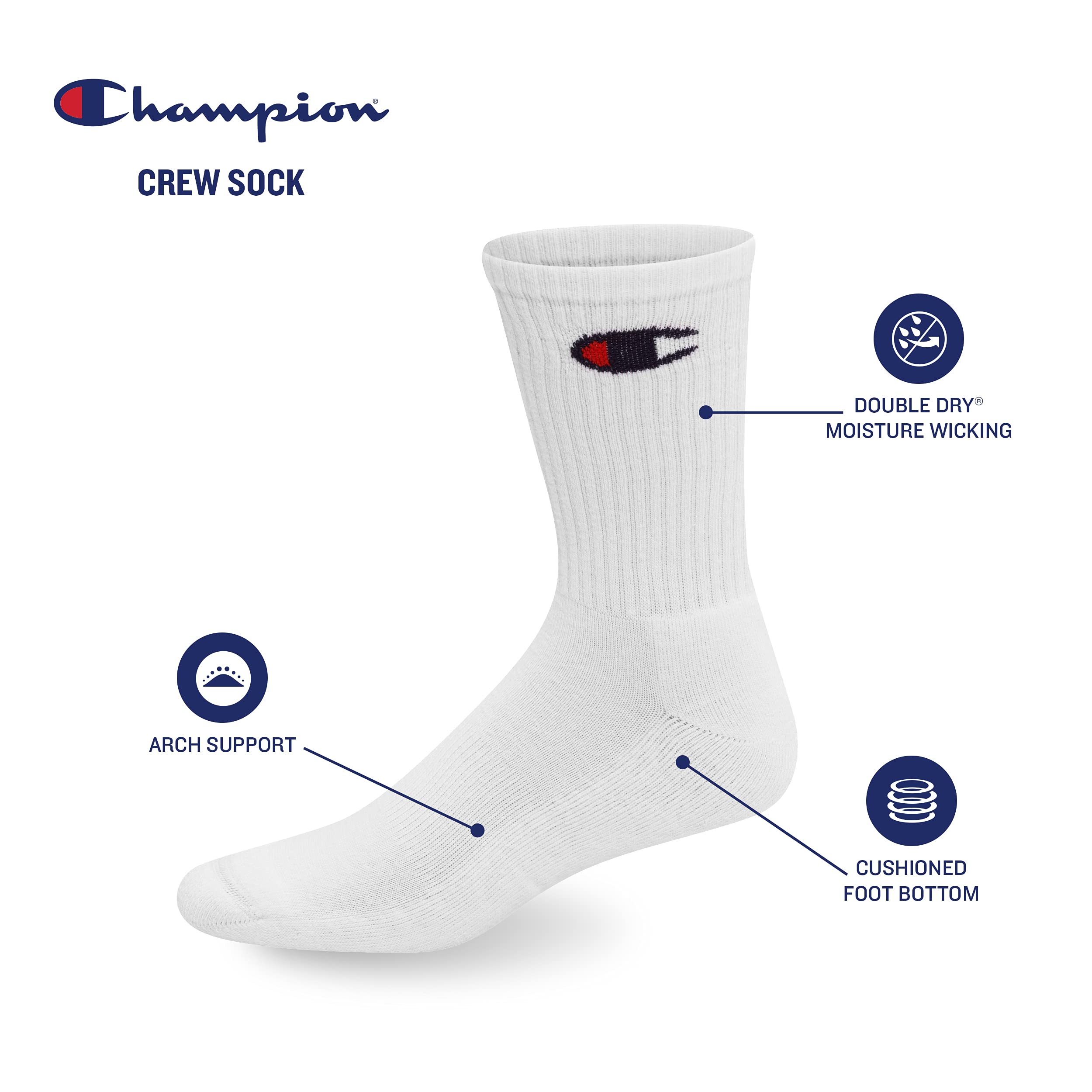 Champion womens Double Dry 6-pair Pack Logo Crew Socks, Black, 9 US