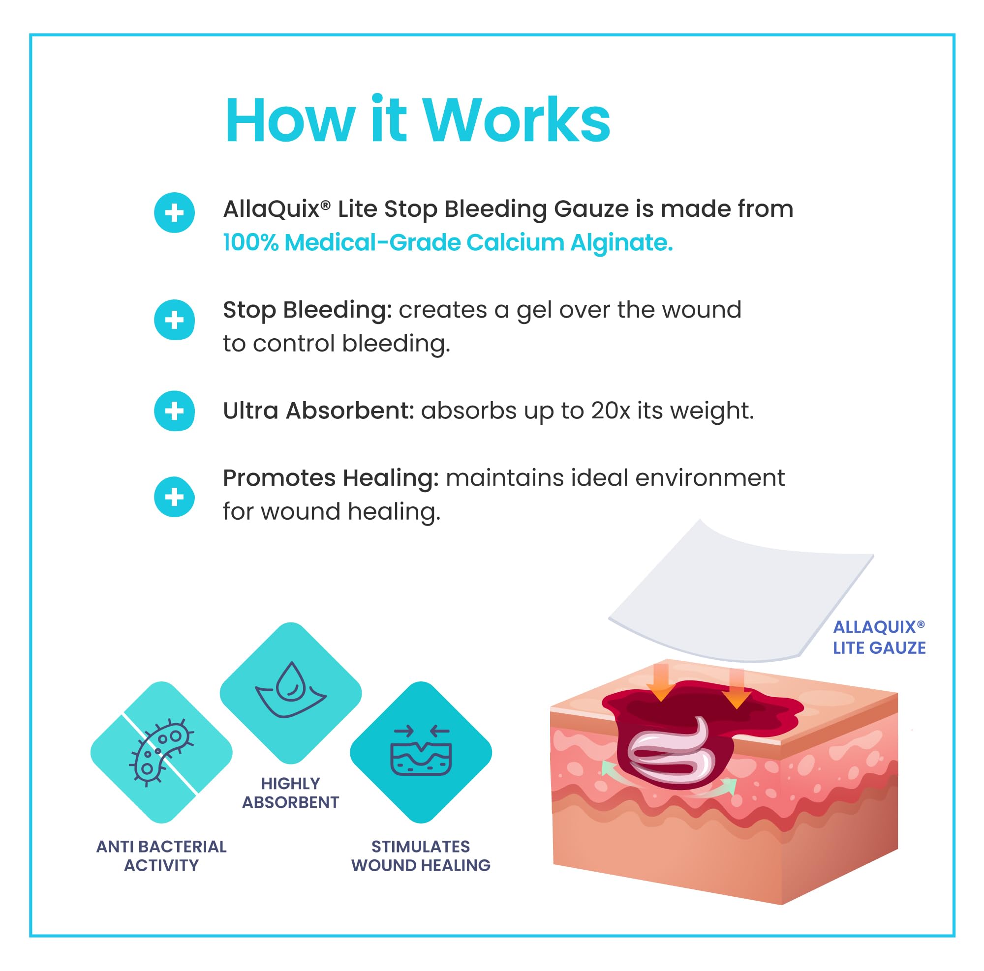 AllaQuix Lite Stop Bleeding Gauze - Calcium Alginate Wound Dressing (Large 2-inch Square) First Aid Hemostatic Gauze (Blood Clotting Bandage) - Box of 20