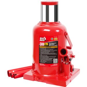 big red 30 ton (60,000 lbs) capacity low profile hydraulic welded ultra duty bottle jack, tam93007