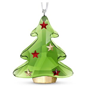 swarovski green christmas tree ornament, for hanging on a tree or for display, green crystal with gold and red accent stars, part of the swarovski joyful ornaments collection