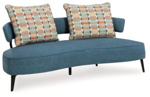 signature design by ashley hollyann mid-century modern sofa with 2 back pillows, blue