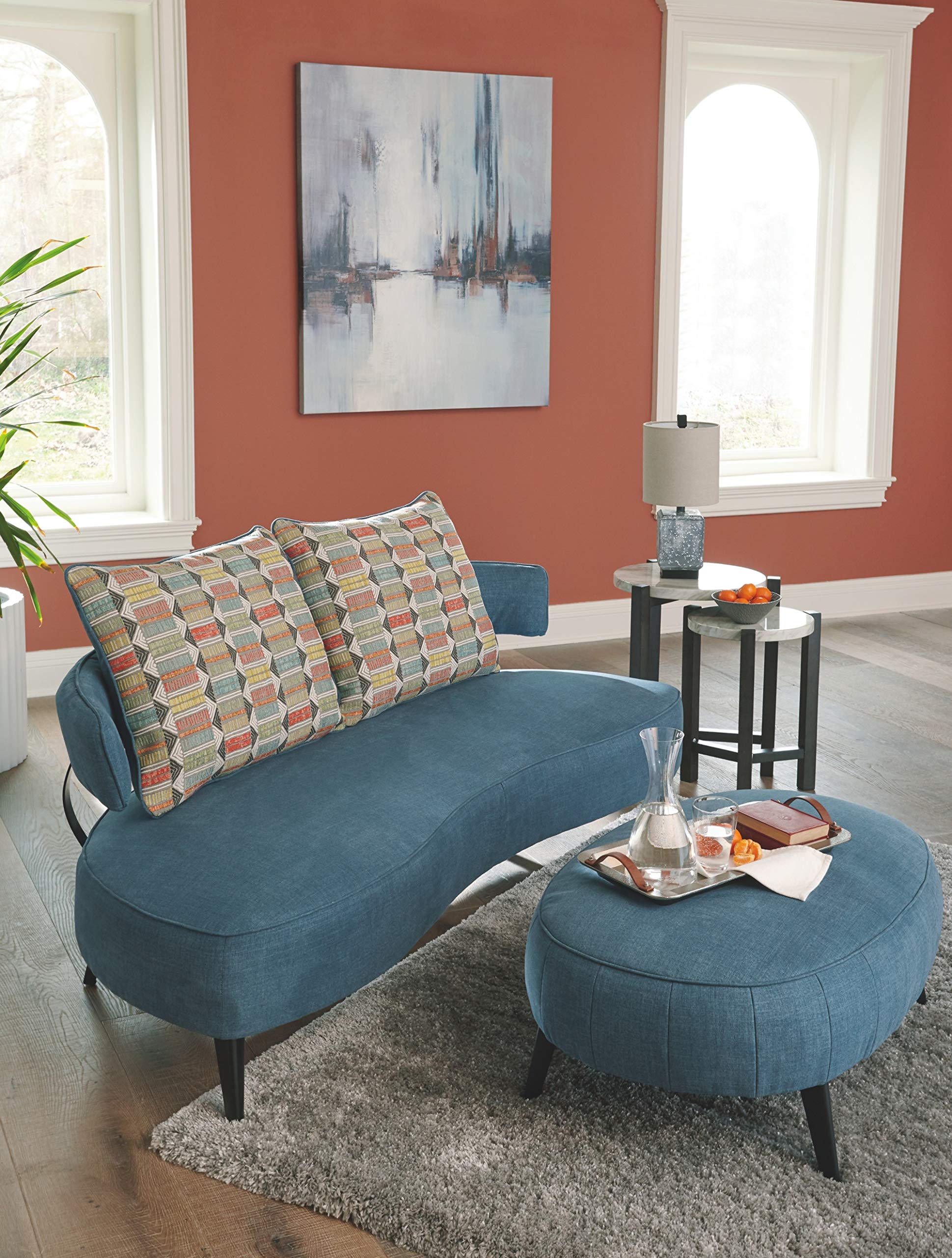 Signature Design by Ashley Hollyann Mid-Century Modern Sofa with 2 Back Pillows, Blue