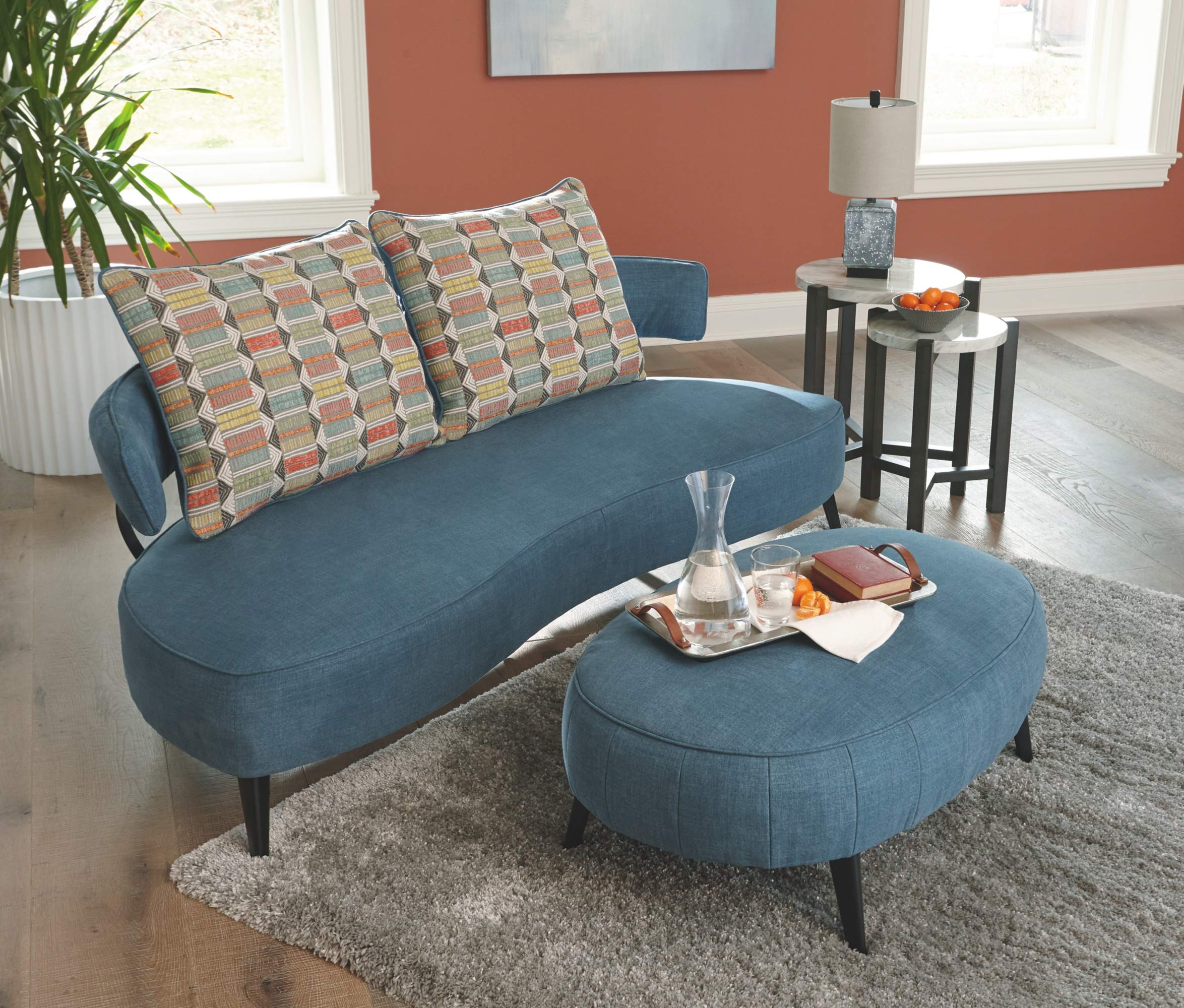 Signature Design by Ashley Hollyann Mid-Century Modern Sofa with 2 Back Pillows, Blue