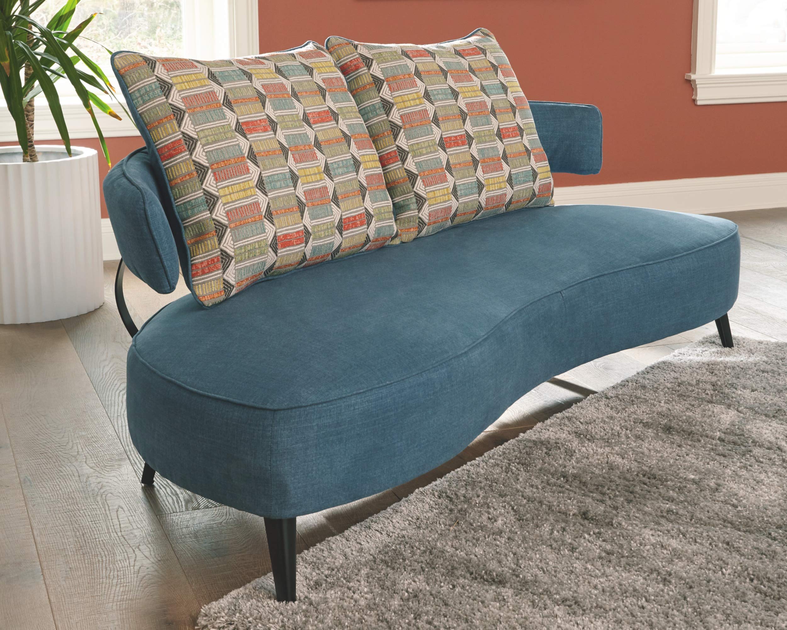 Signature Design by Ashley Hollyann Mid-Century Modern Sofa with 2 Back Pillows, Blue