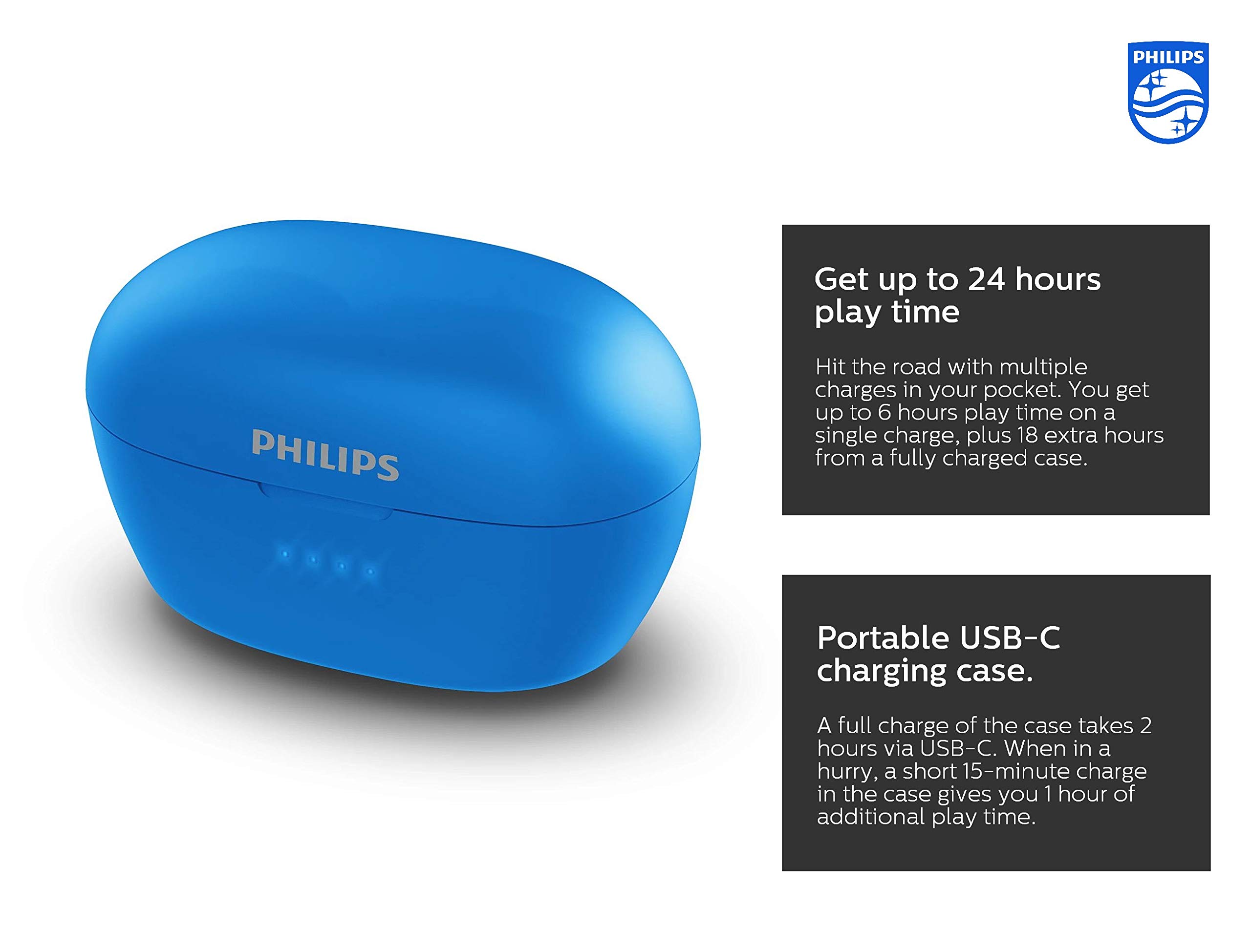 PHILIPS T3215 Wireless in-Ear Earbuds, TWS Bluetooth 5.1 Stereo Headphones, IPX4, Up to 24 (6+18) hrs of Playtime with USB-C Charging case - Blue (TAT3215BL)