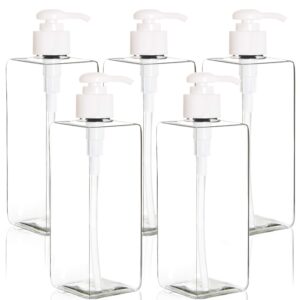 youngever 5 pack 16 ounce plastic pump bottles, refillable square plastic pump bottles for dispensing lotions, shampoos and more (clear)