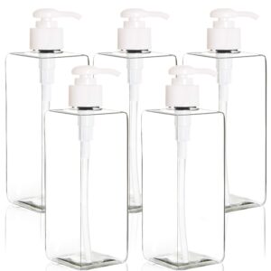 Youngever 5 Pack 16 Ounce Plastic Pump Bottles, Refillable Square Plastic Pump Bottles for Dispensing Lotions, Shampoos and More (Clear)