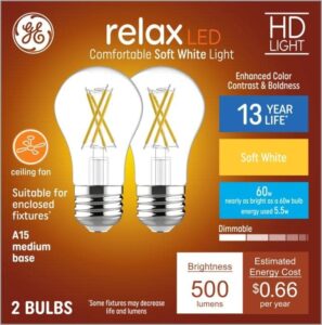 ge relax 60-watt eq a15 soft white dimmable led light bulb (2-pack)