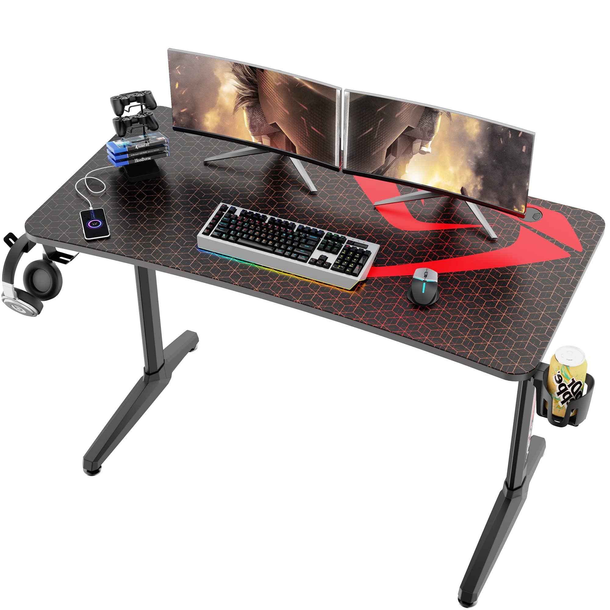 Eureka Ergonomic Gaming Desk, 47 inch Home Office Computer PC Gamer Desk Table with Full Mouse Pad Cup Holder, Headphone Hook and Handle Rack with USB Charging Ports, Black