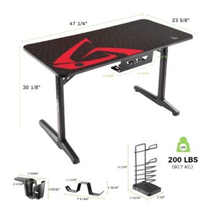 Eureka Ergonomic Gaming Desk, 47 inch Home Office Computer PC Gamer Desk Table with Full Mouse Pad Cup Holder, Headphone Hook and Handle Rack with USB Charging Ports, Black