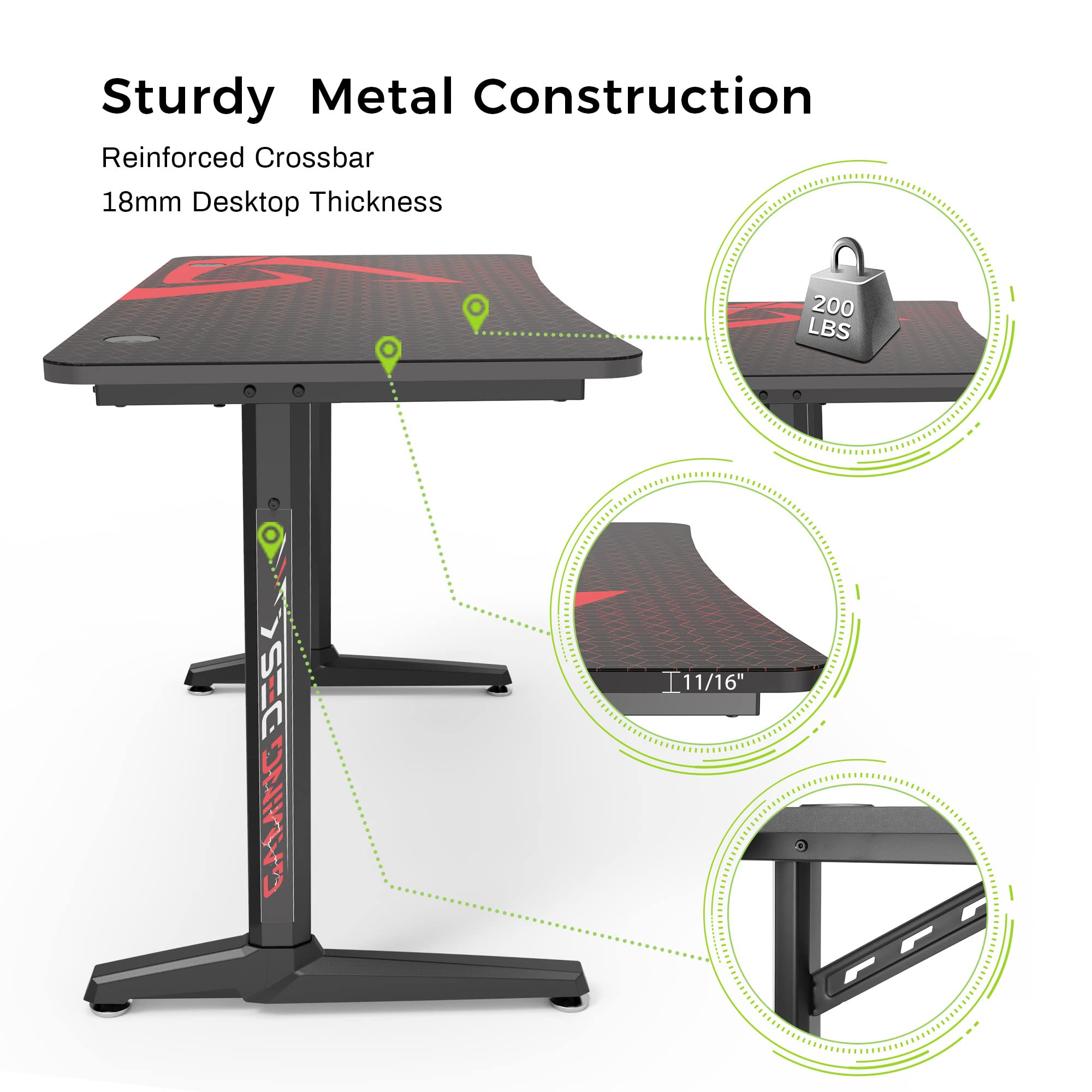 Eureka Ergonomic Gaming Desk, 47 inch Home Office Computer PC Gamer Desk Table with Full Mouse Pad Cup Holder, Headphone Hook and Handle Rack with USB Charging Ports, Black