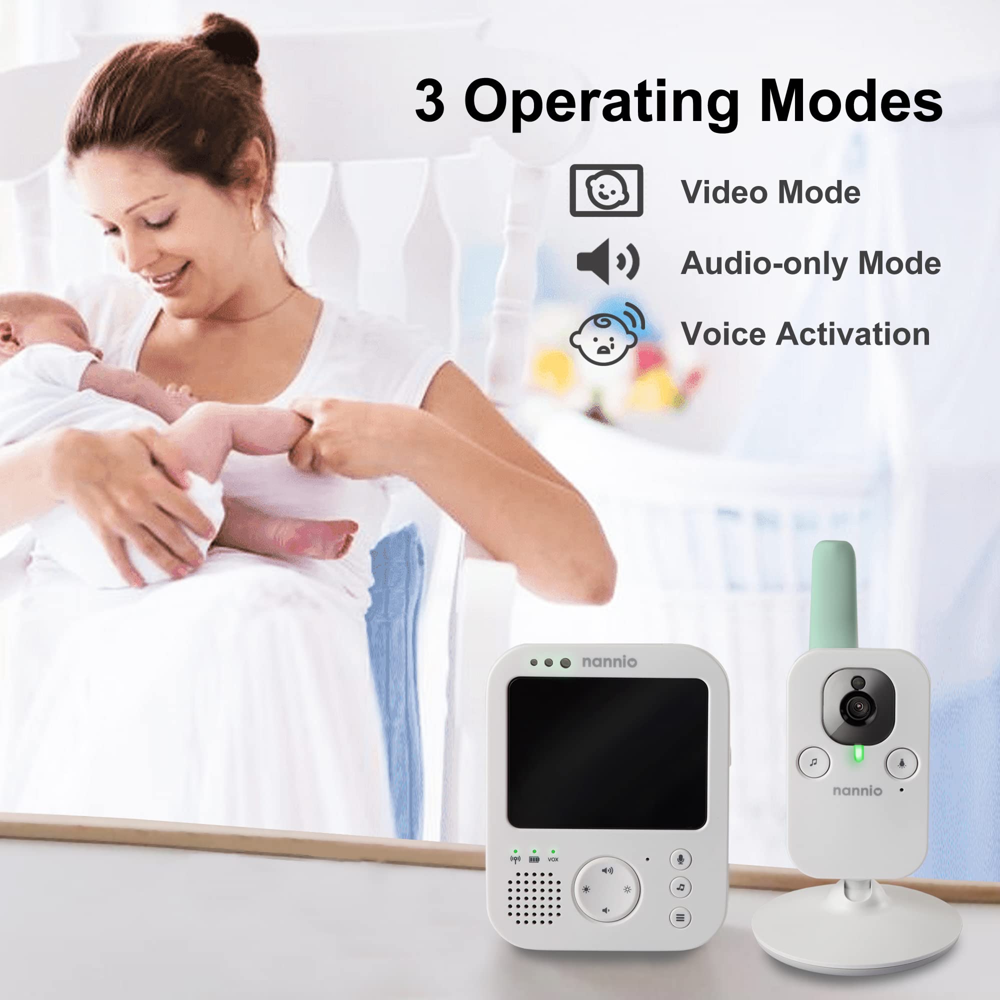 nannio Hero3 Video Baby Monitor with Night Light Vibration Assistant, 3.5" Display, Auto Night Vision, 2 Way Audio Talk, Voice Activated, Temperature Sensor and Lullabies, no WiFi, 2 Years Warranty