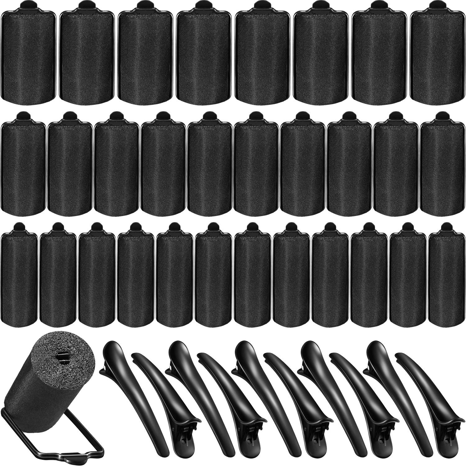 40 Pieces Sponge Hair Rollers Satin Rollers for Black Hair, Silk Rollers Foam hair Rollers Hair Curlers with Duck Teeth Hair Clips for Hairdressing Styling (Black, Multi-size)