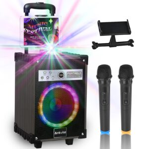 ankuka karaoke machine, portable bluetooth speaker with disco lights,subwoofer pa system with 2 wireless microphones for christmas,birthday party
