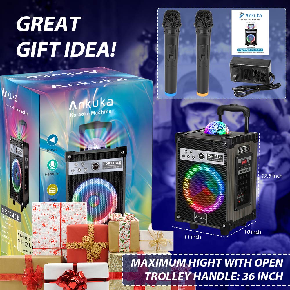 Ankuka Karaoke Machine, Portable Bluetooth Speaker with Disco Lights,Subwoofer PA System with 2 Wireless Microphones for Christmas,Birthday Party