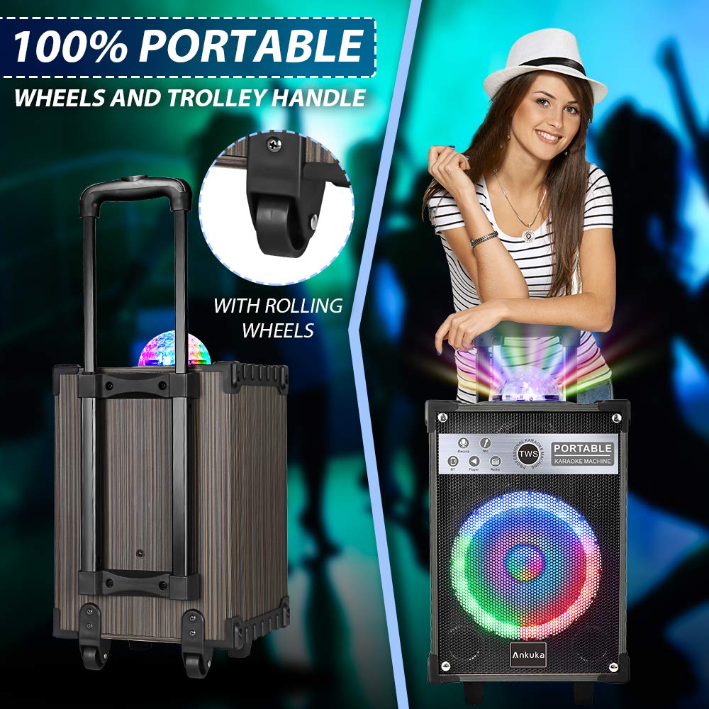 Ankuka Karaoke Machine, Portable Bluetooth Speaker with Disco Lights,Subwoofer PA System with 2 Wireless Microphones for Christmas,Birthday Party