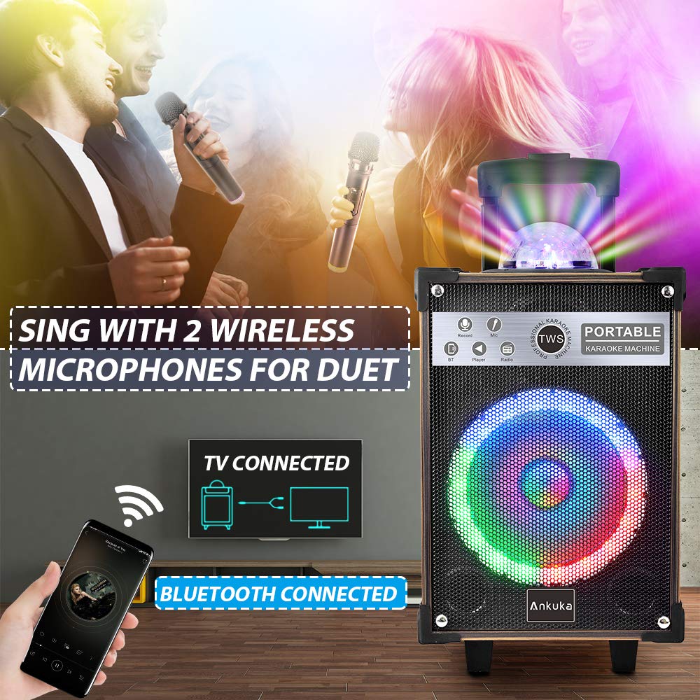 Ankuka Karaoke Machine, Portable Bluetooth Speaker with Disco Lights,Subwoofer PA System with 2 Wireless Microphones for Christmas,Birthday Party