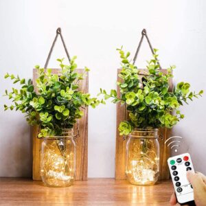 mason jar lights, (remote control) sconces rustic wall decor - hanging lamp led fairy lights with green plant for interior, home, room, office, kitchen, bathroom decoration living (2pcs, warm light)