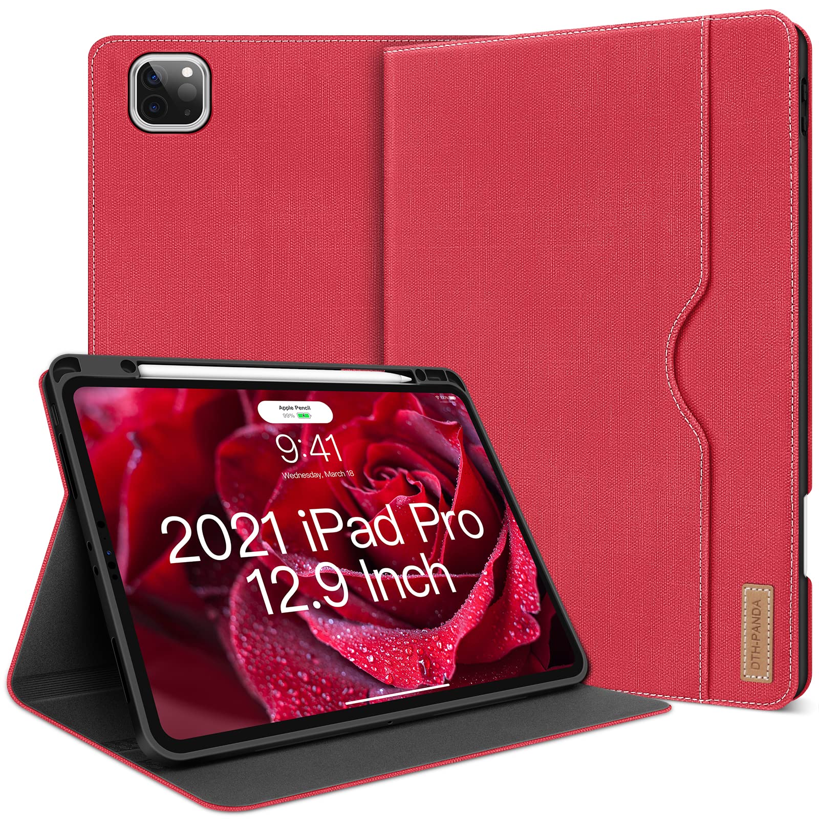 DTH-PANDA iPad Pro 12.9 Case for 6th/5th/4th/3rd Generation Case 2022 2021 2020 2018,PU Leather with Pocket and Pen Tray Holder, Folio Stand with Soft TPU Back,Auto Sleep/Wake Function (Rose Red)