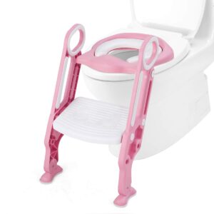 baby joy kids portable potty training toilet seat w/step stool ladder, foldable and adjustable toddler toilet training seat chair for boys girls toddlers, non-slip pads and soft cushion seat (pink)