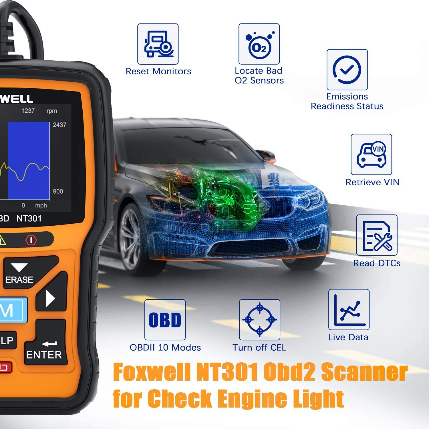 FOXWELL NT301 OBD2 Reader and FOXWELL BT705 12V 24V Auto Battery Tester