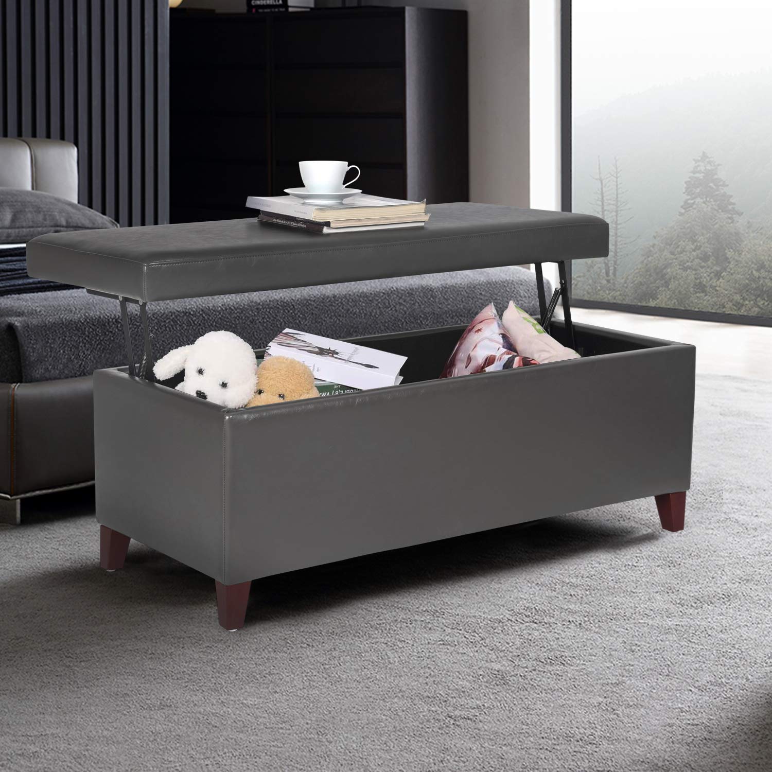 Homebeez Modern Faux Leather Lift Top Coffee Table Storage Ottoman Bench (Light Gray)