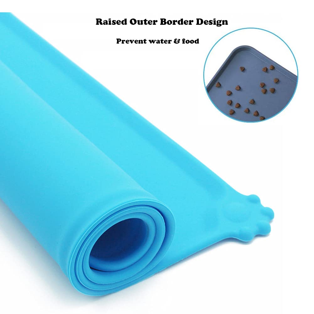 Silicone Pet Feeding Mat, Waterproof Dog Cat Bowl Mat, Raised Edges to Prevent Spills, Easy Clean Nonslip Dogs and Cats Placemat Tray to Stop Food and Water Bowl Messes on Floor (Blue)